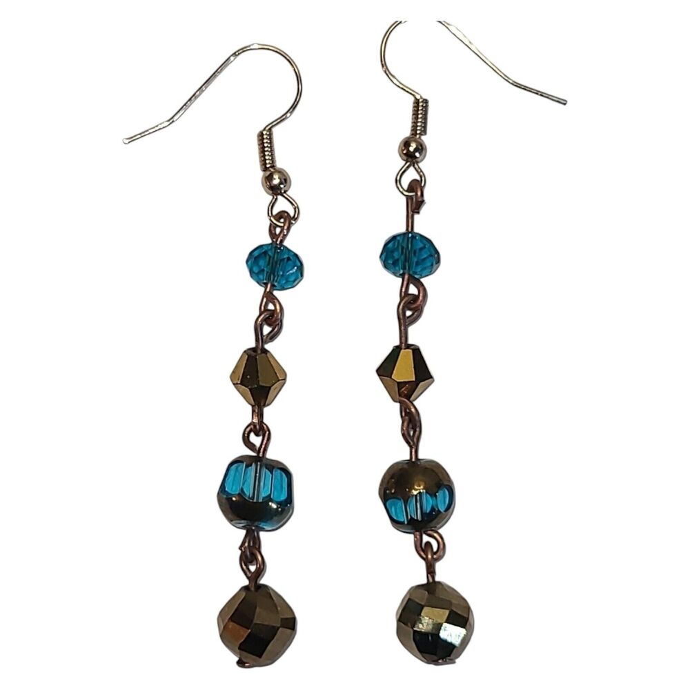 Coppery Gold Tone Blue Crystal‎ Glass Beaded Dangle Earrings 2.75"